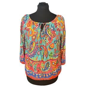 Talbots Colorful Fiesta Paisley Tassel Cotton Popover Size M